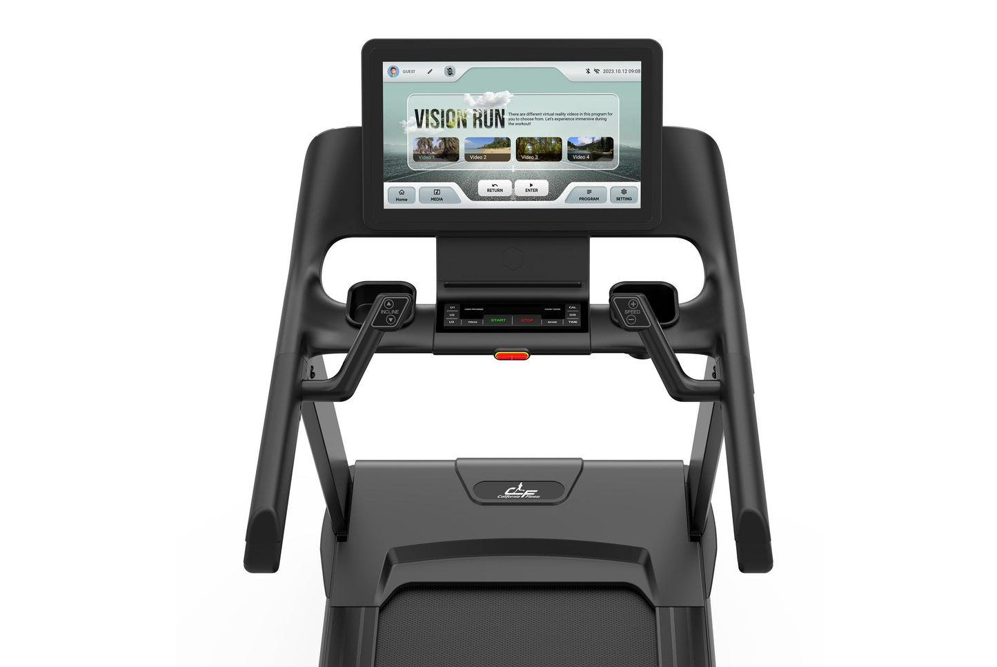 Black treadmill with touchscreen display showing Vision Run interactive program interface, dual grip handles, and control pan