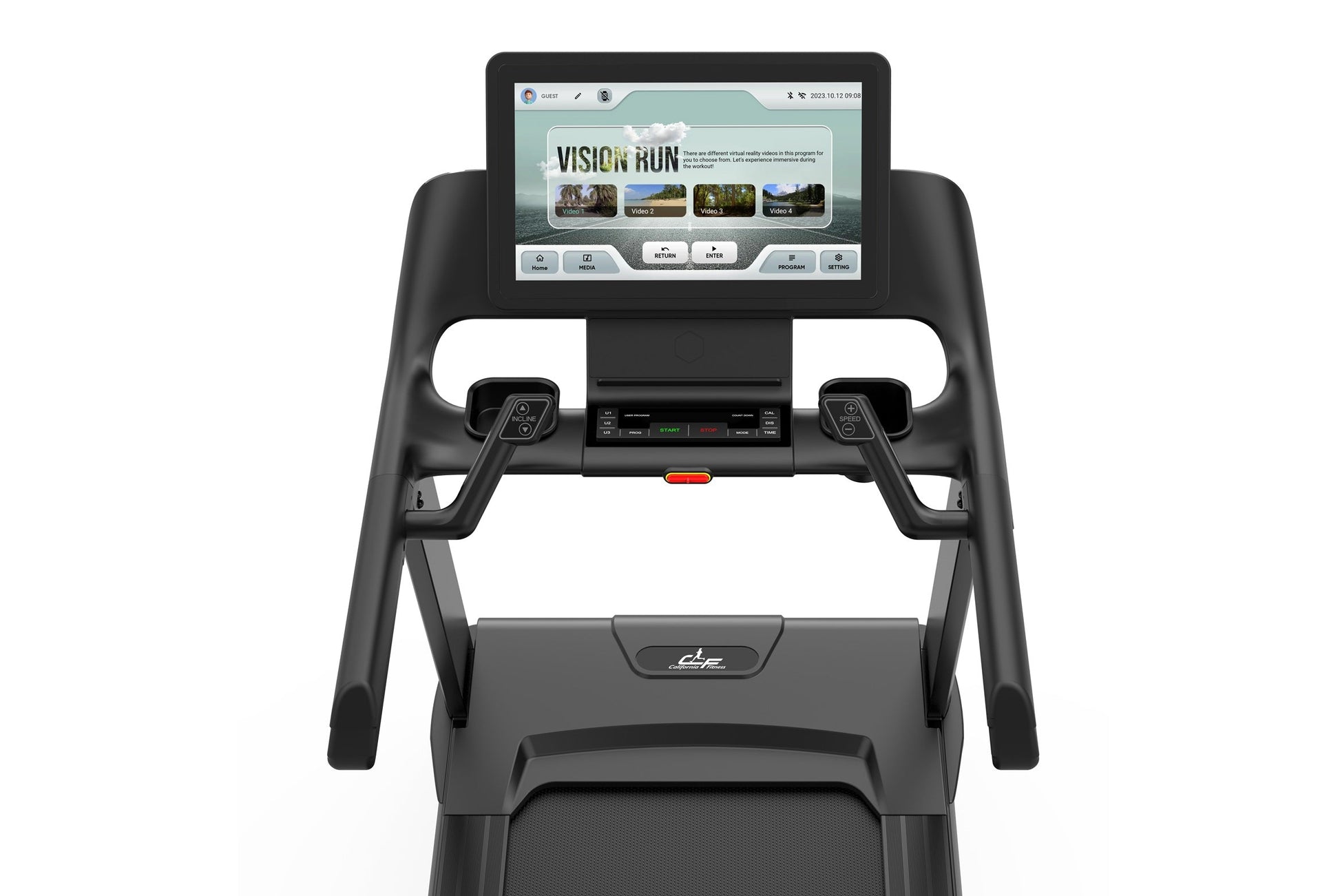 Black treadmill with touchscreen display showing Vision Run interactive program interface, dual grip handles, and control pan