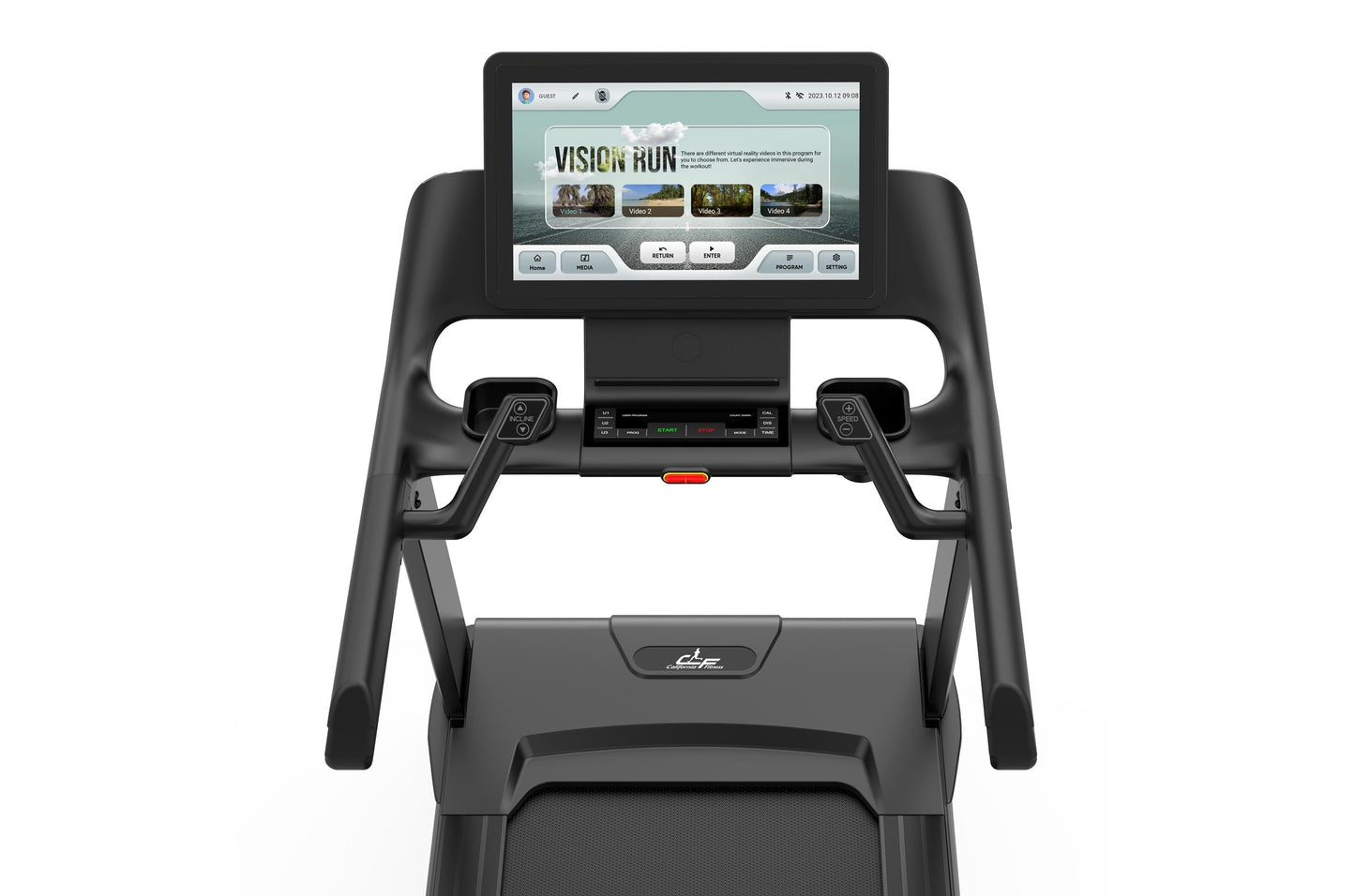 Black motorized treadmill with touch screen console displaying "Vision Run" interface, dual handles, and gray running deck on