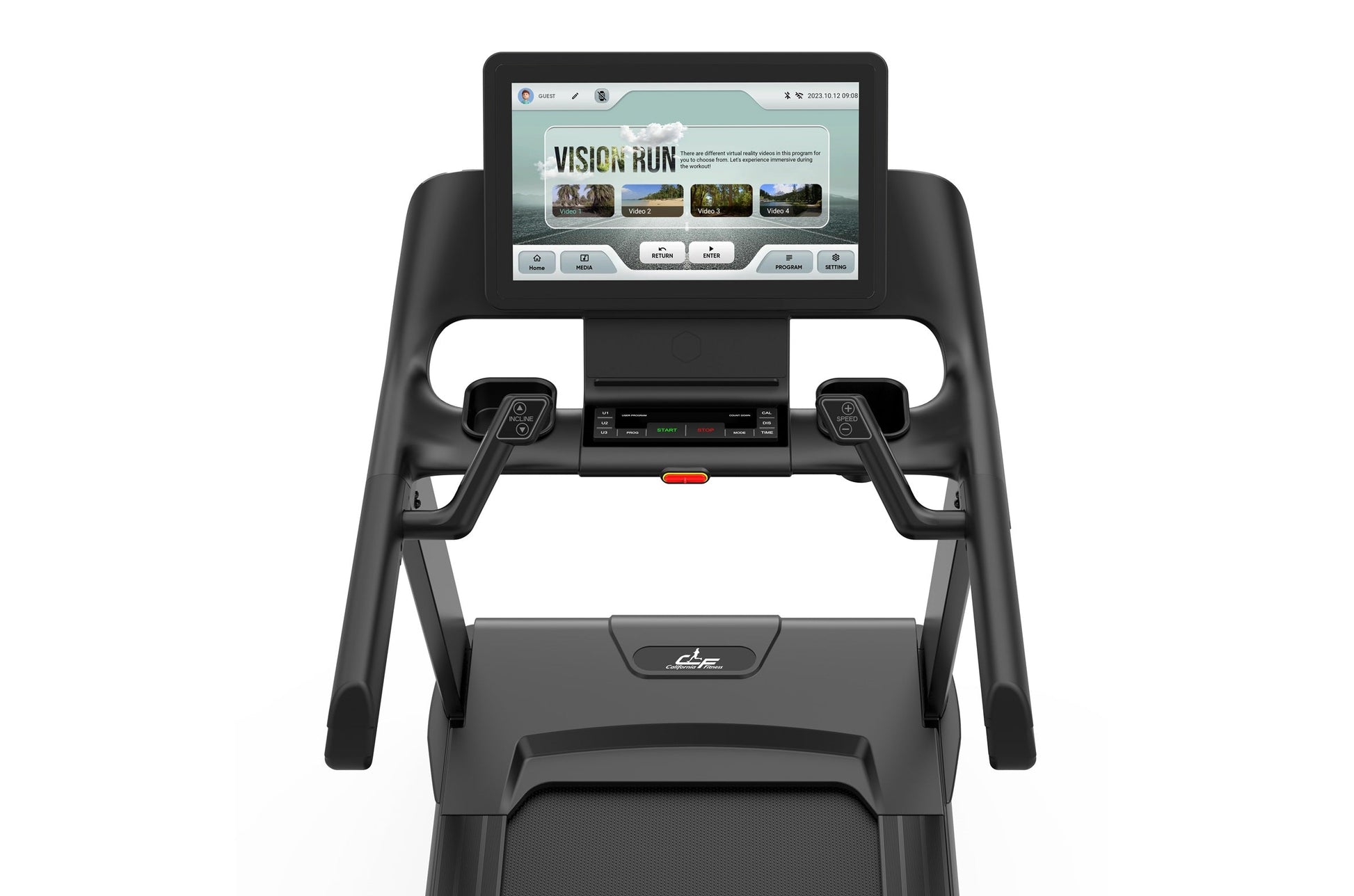 Black motorized treadmill with touch screen console displaying "Vision Run" interface, dual handles, and gray running deck on