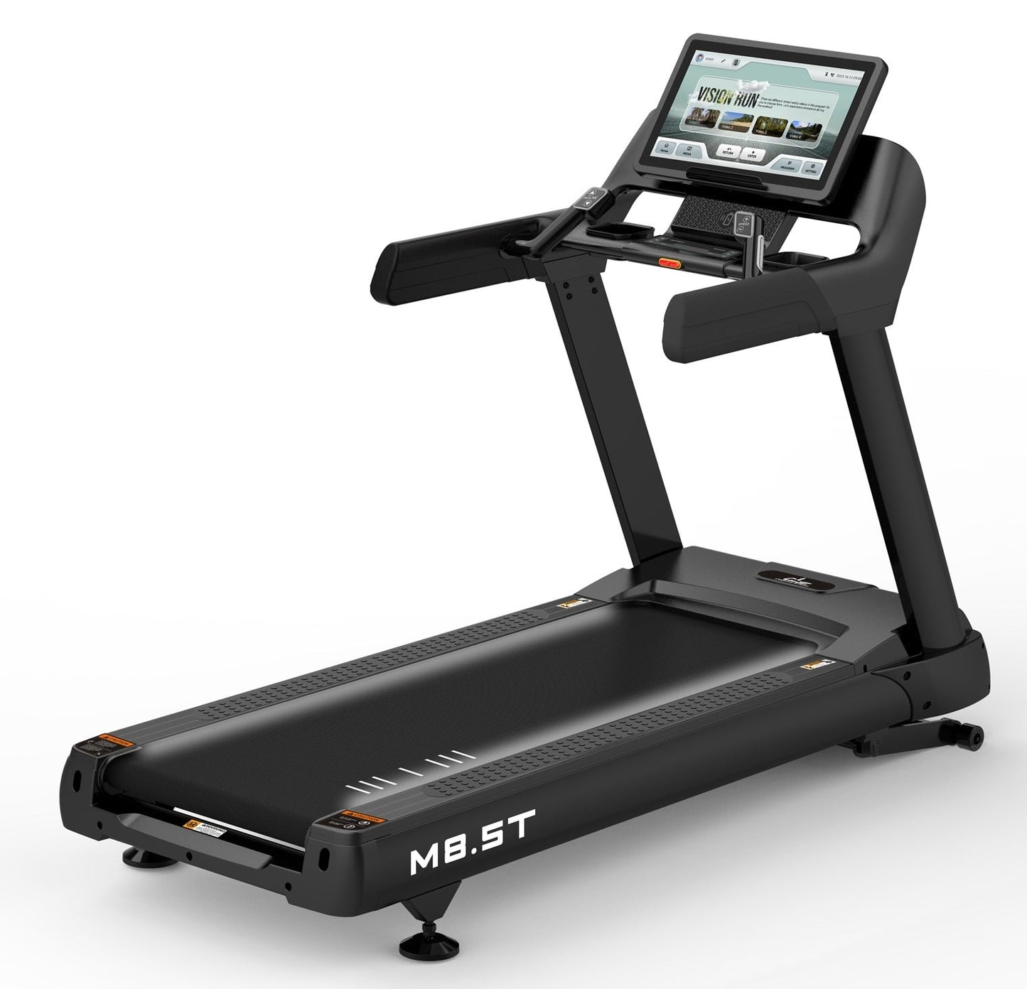 Black M8.5T treadmill with cushioned running deck, padded handrails, and tablet display showing fitness content on white back