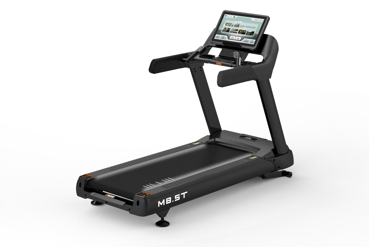 Black motorized treadmill with digital touchscreen console displaying workout interface, padded running deck, and dual handra