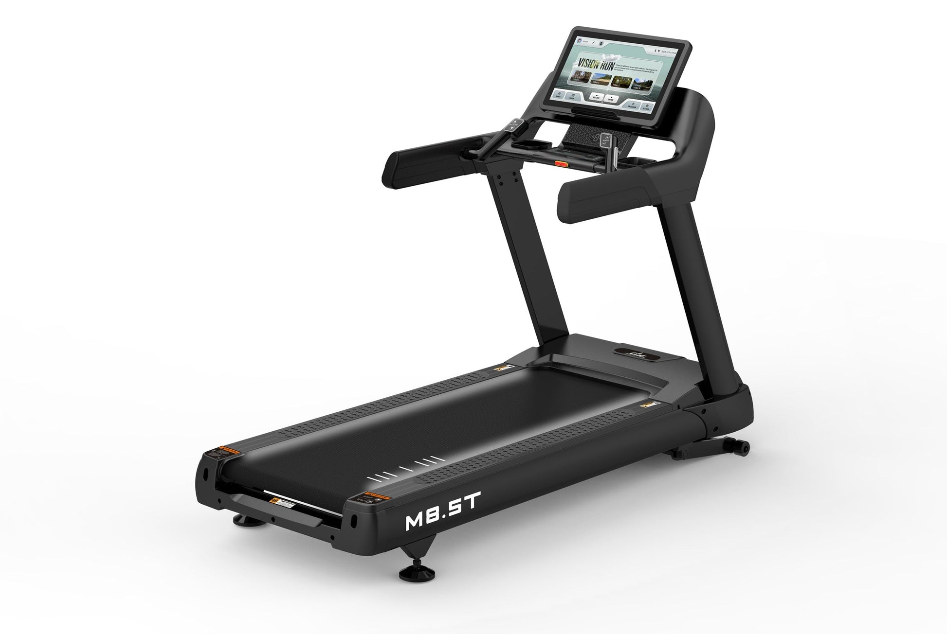 Black motorized treadmill with digital display console showing workout interface, padded running deck, and dual handrails on 