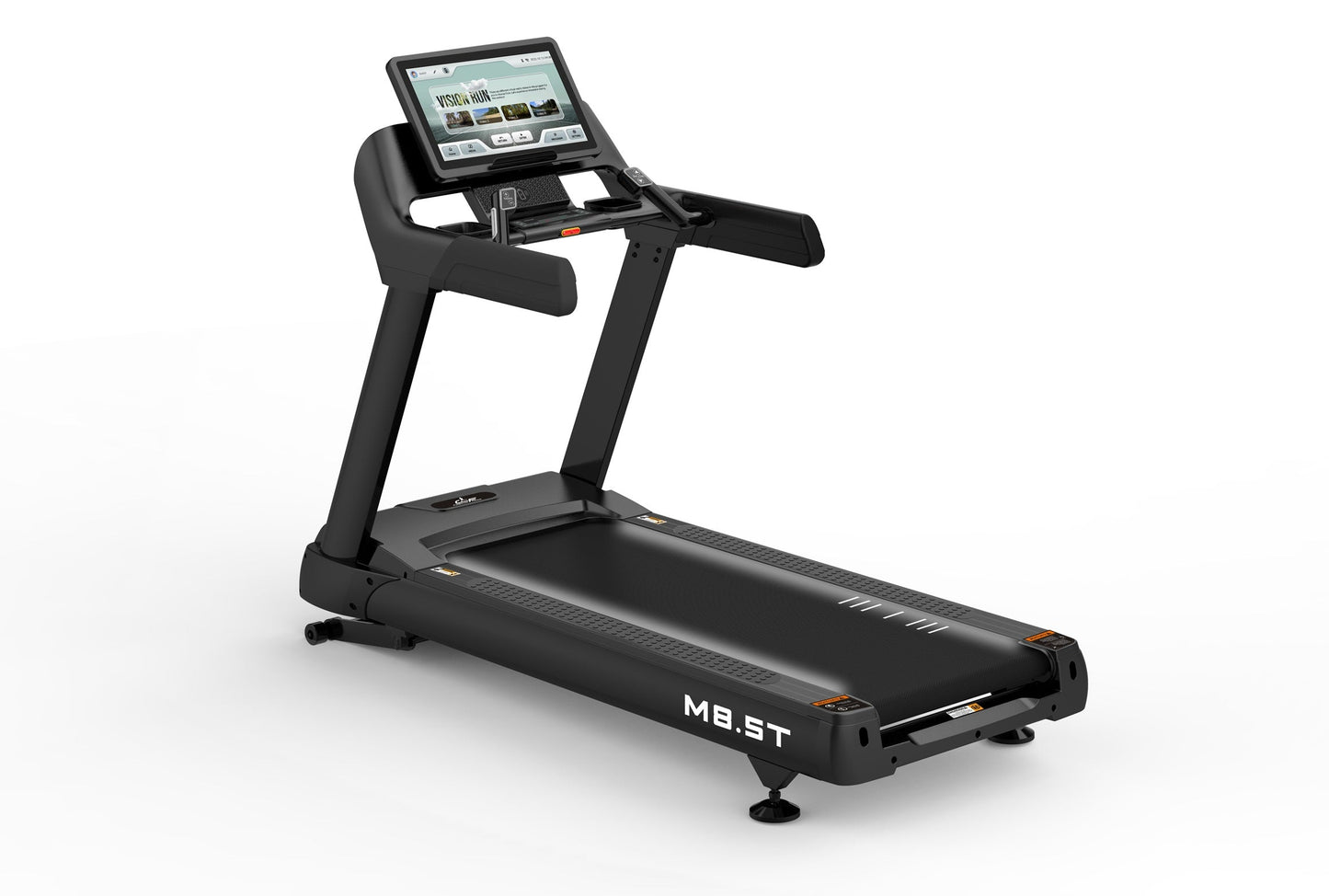 Black motorized treadmill with touchscreen console, handrails, and M8.5T branding on running deck