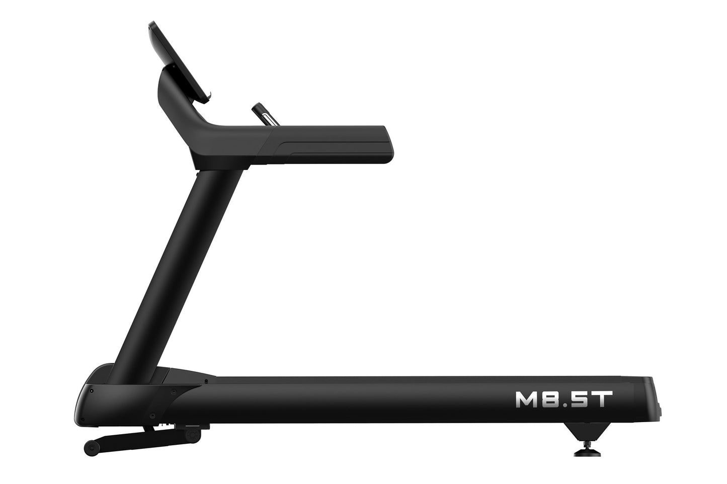 Black MB.5T treadmill with curved running surface, upright handles, and digital display on white background