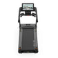 Black motorized treadmill with touchscreen console displaying fitness interface, dual handles, and gray side rails on white b