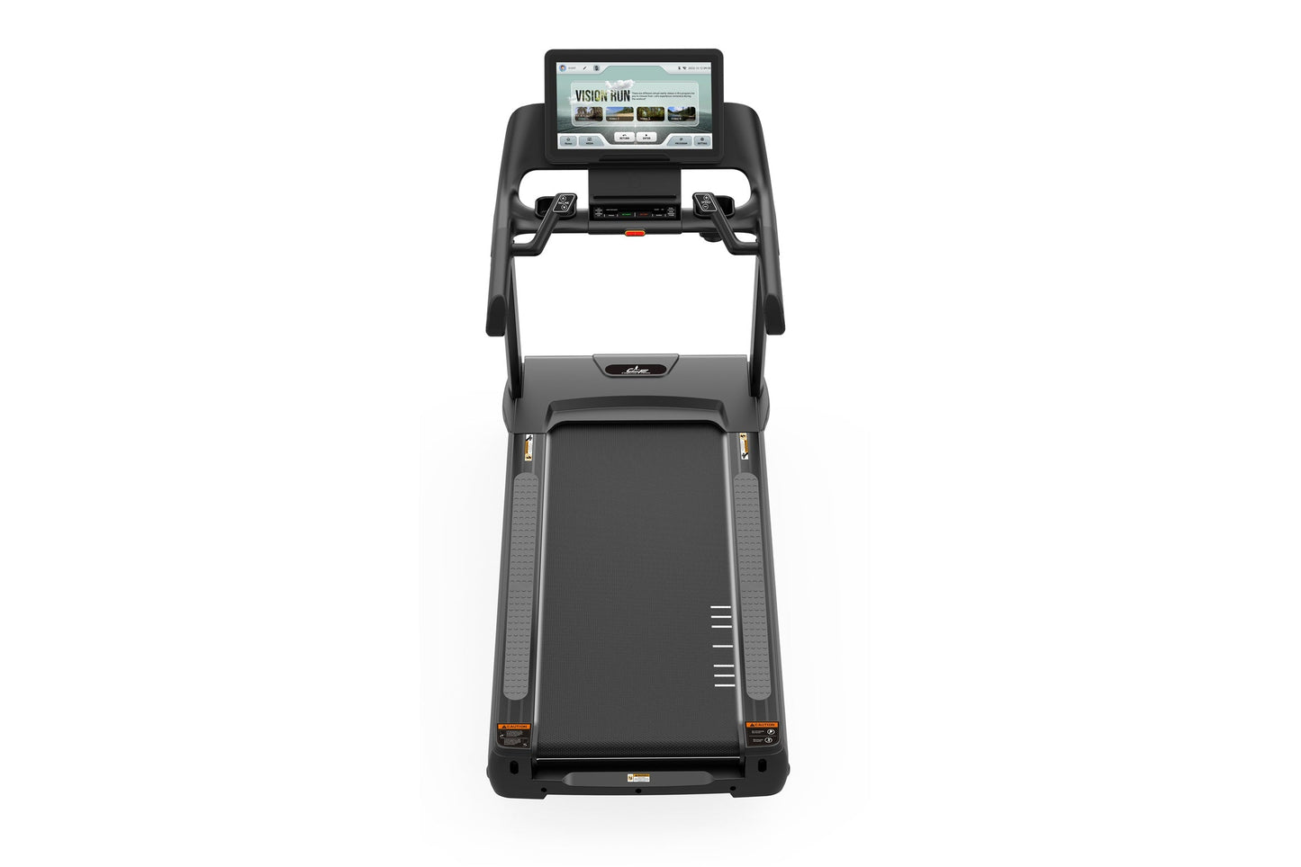 Black motorized treadmill with touchscreen console displaying fitness interface, dual handles, and gray side rails on white b