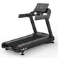 Black M8.5 motorized treadmill with digital control console, padded handlebars, and running deck on white background