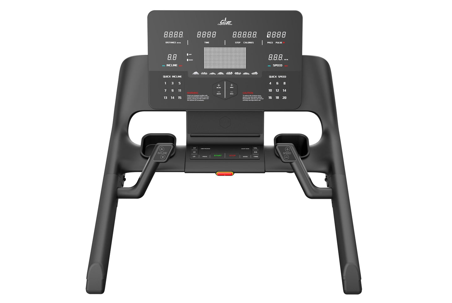 Black treadmill with digital console displaying distance, time, steps, calories, and pace metrics, dual grip handles, and con