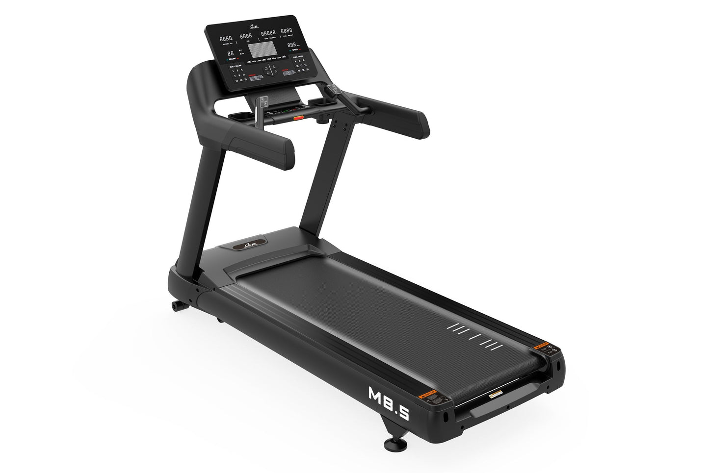 Black motorized treadmill with digital control console, cushioned running deck, and adjustable handlebars on white background
