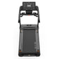 Black motorized treadmill with digital console display, dual handles, and textured running deck on white background