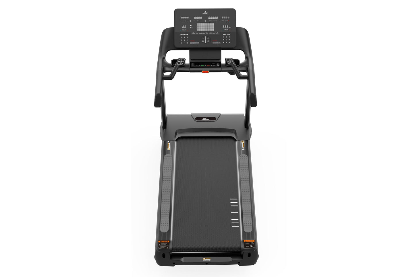 Black motorized treadmill with digital console display, dual handles, and textured running deck on white background