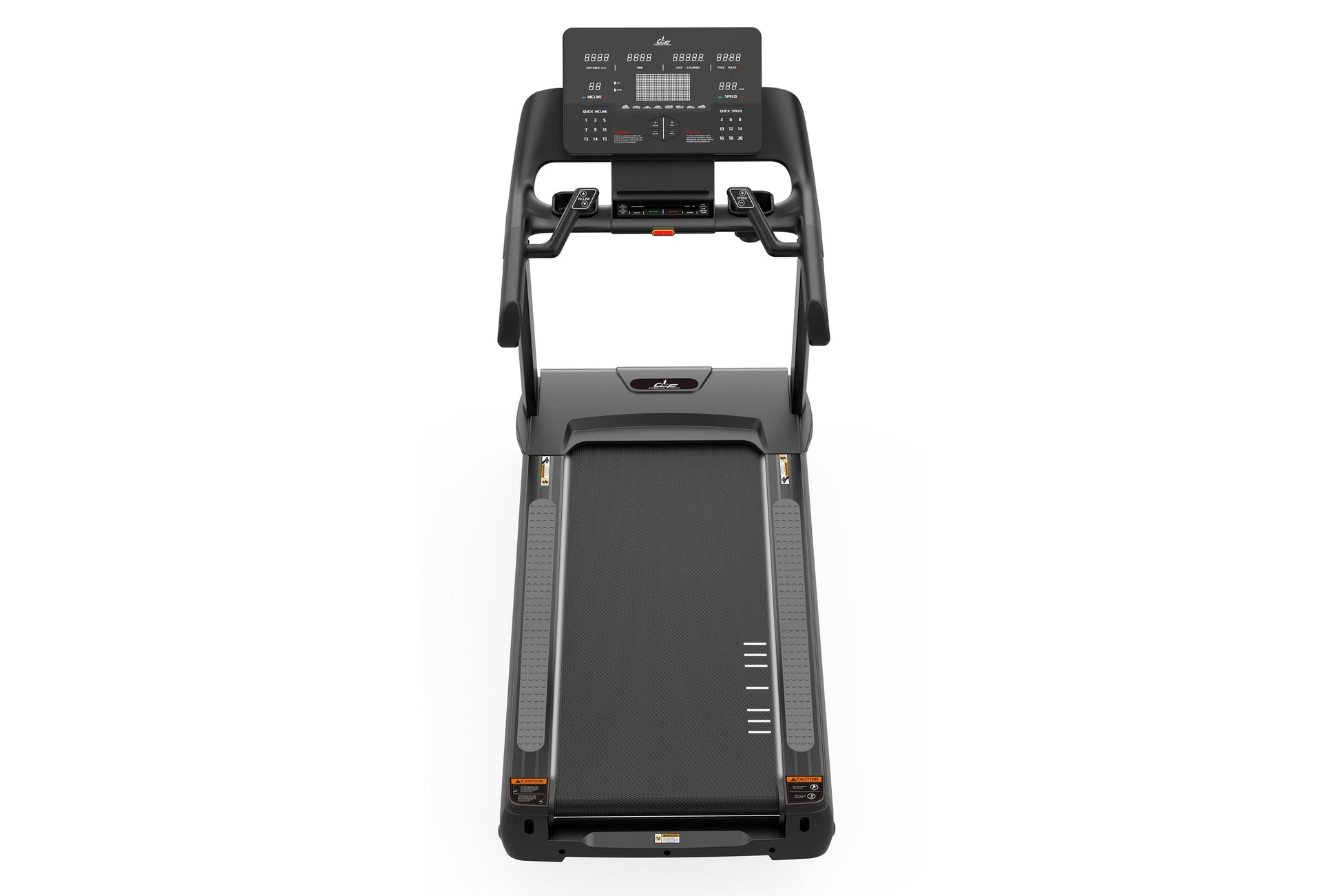 Black motorized treadmill with digital console display, dual handles, and textured running deck on white background