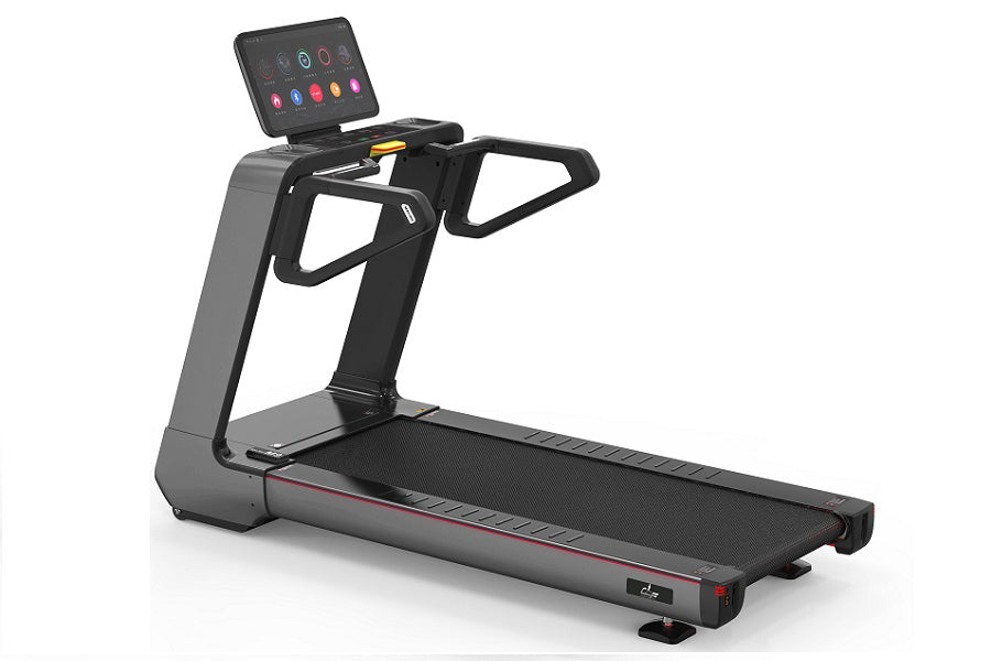 Black and gray commercial treadmill with digital touchscreen console displaying workout metrics and colorful app icons