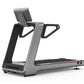 Gray and black motorized treadmill with digital console, handrails, and black running belt on white background