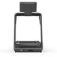 Black and gray treadmill with touchscreen console mounted on top, front view on white background
