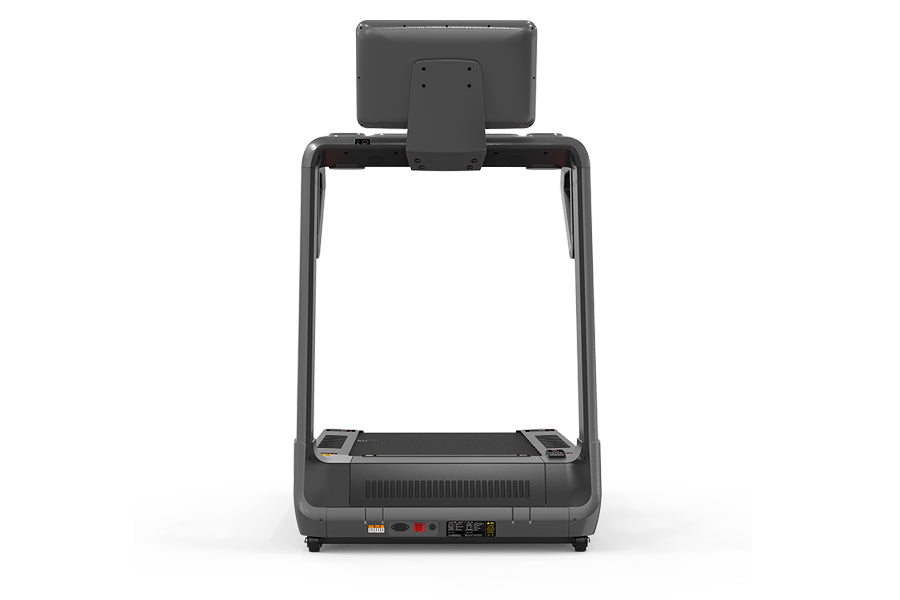 Black and gray treadmill with touchscreen console mounted on top, front view on white background