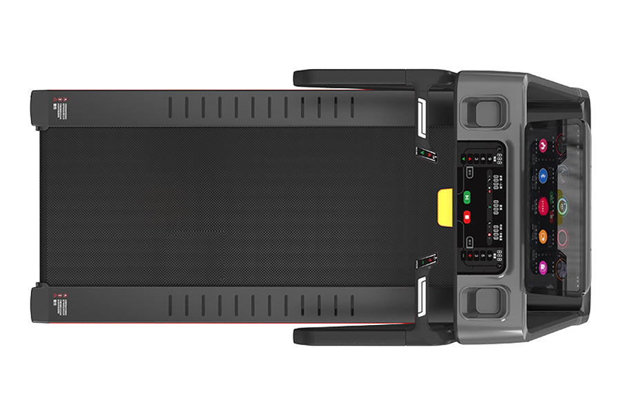 Black treadmill with gray touch console, colorful indicator buttons, and ventilation grille, top view on white background
