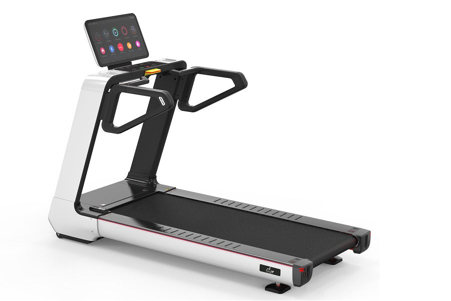 California Fitness Malibu 9T treadmill with white and black frame, black running belt, and digital touch console displaying w