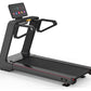 Black commercial treadmill with digital touch console displaying workout metrics and colorful icons, wide running deck, and f