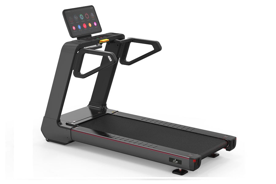 Black commercial treadmill with digital touch console displaying workout metrics and colorful icons, wide running deck, and f
