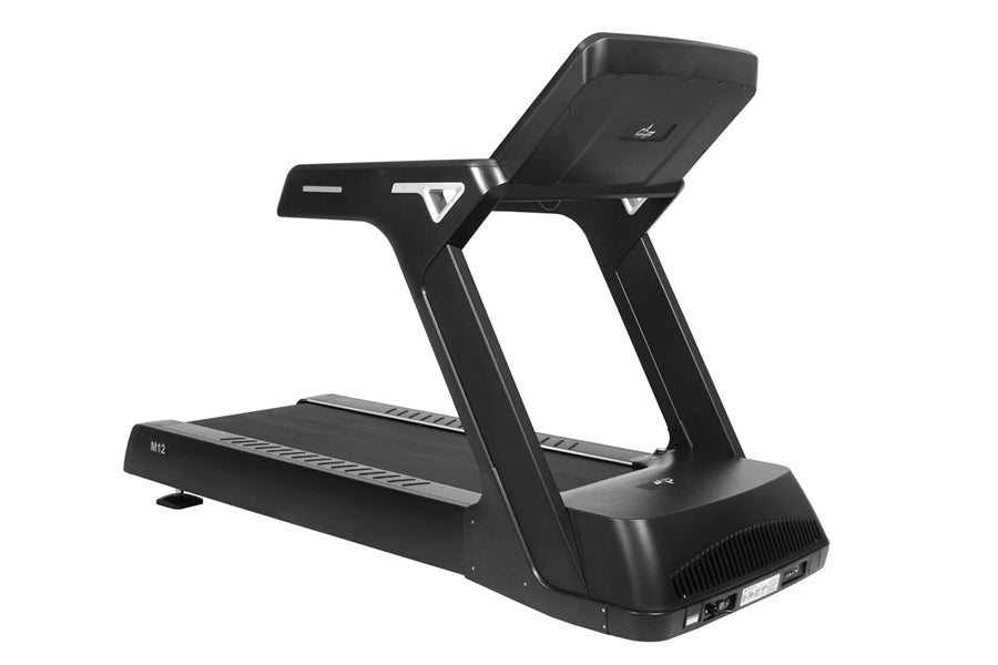 Black motorized treadmill with digital console, wide running belt, and sturdy frame on white background