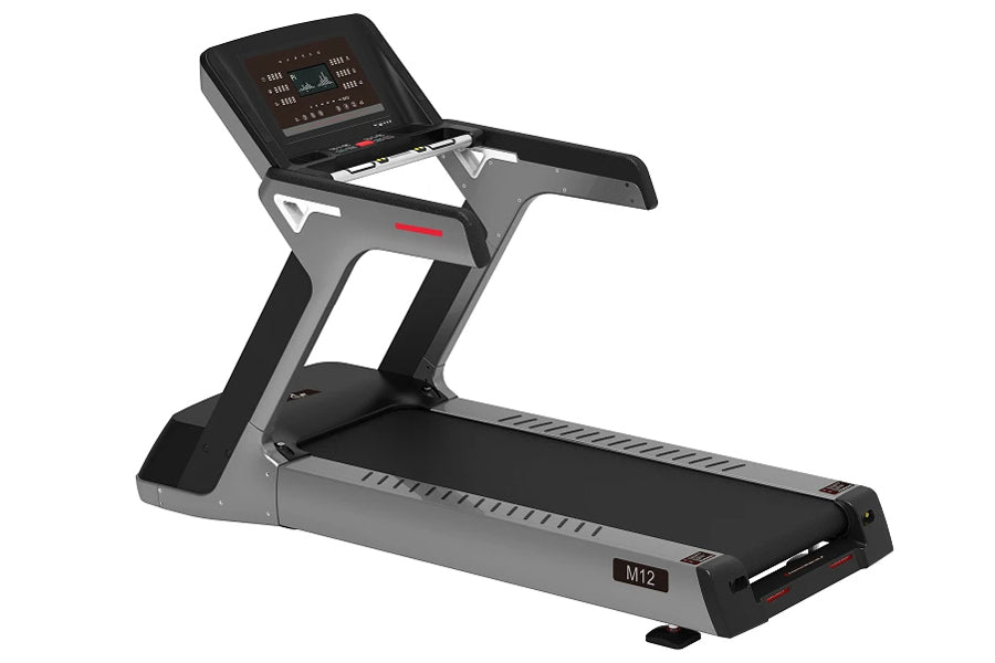 Black and gray motorized treadmill with digital display console, red accent details, and M12 model designation on white backg