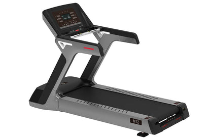 Black and gray motorized treadmill with digital display console, red accent details, and M12 model designation on white backg