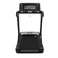 Black folding treadmill with digital touch console display and orange accent details, shown from front view on white backgrou