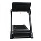 Black folding treadmill with touch console display and cushioned running belt, front view on white background