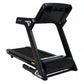 Black heavy-duty folding treadmill with digital touch console display, wide running deck, and orange safety indicators on whi