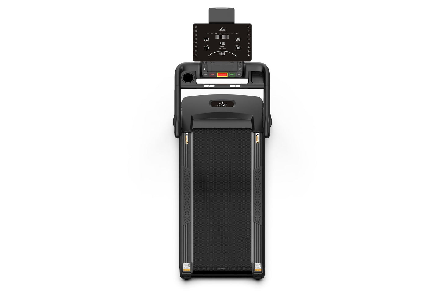 Black motorized treadmill with digital console display, handrails, and textured running belt, viewed from front on white back