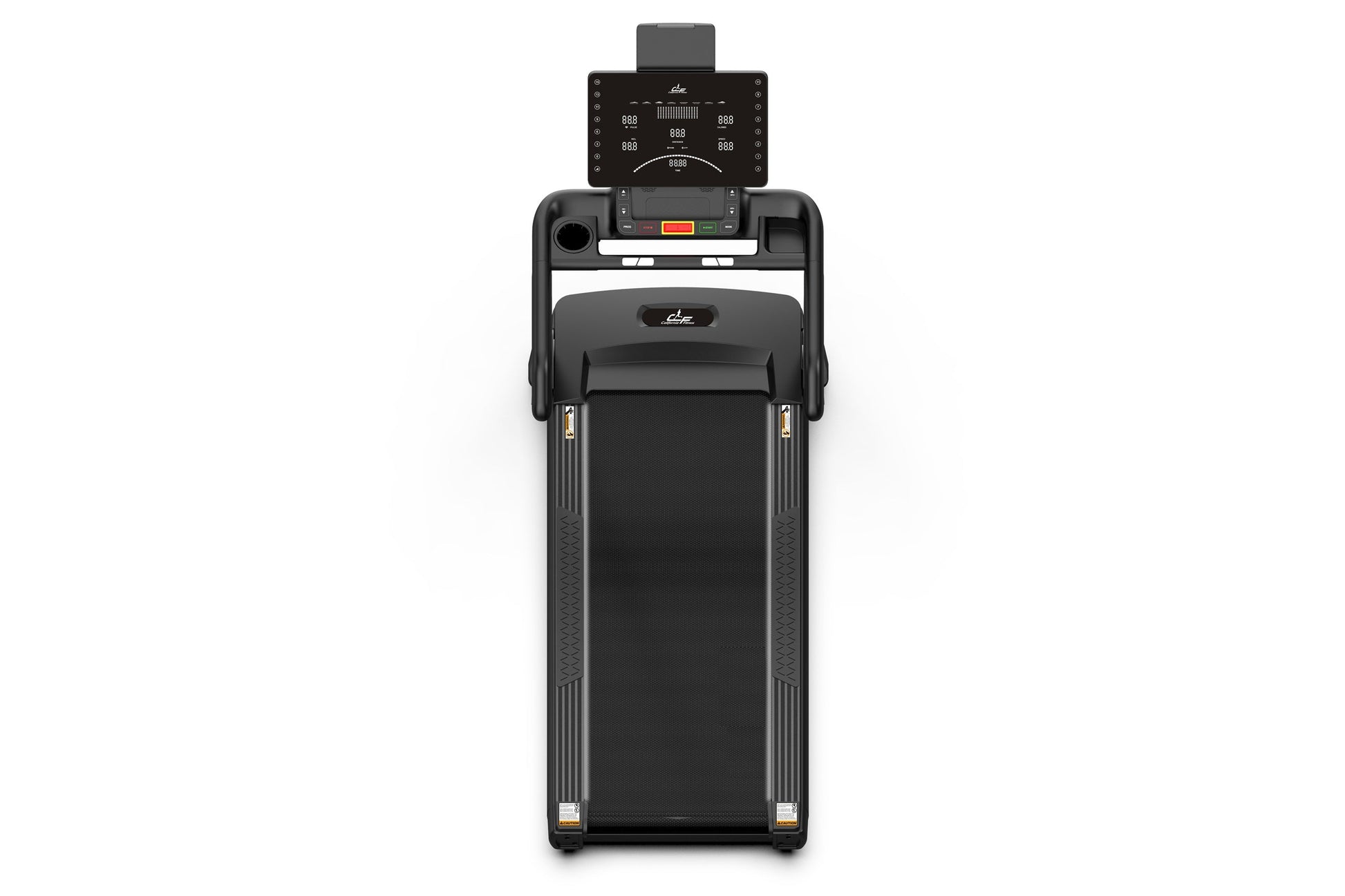 Black motorized treadmill with digital console display, handrails, and textured running belt, viewed from front on white back