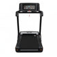 Black heavy-duty folding treadmill with touch screen console displaying fitness metrics and controls, viewed from front on wh
