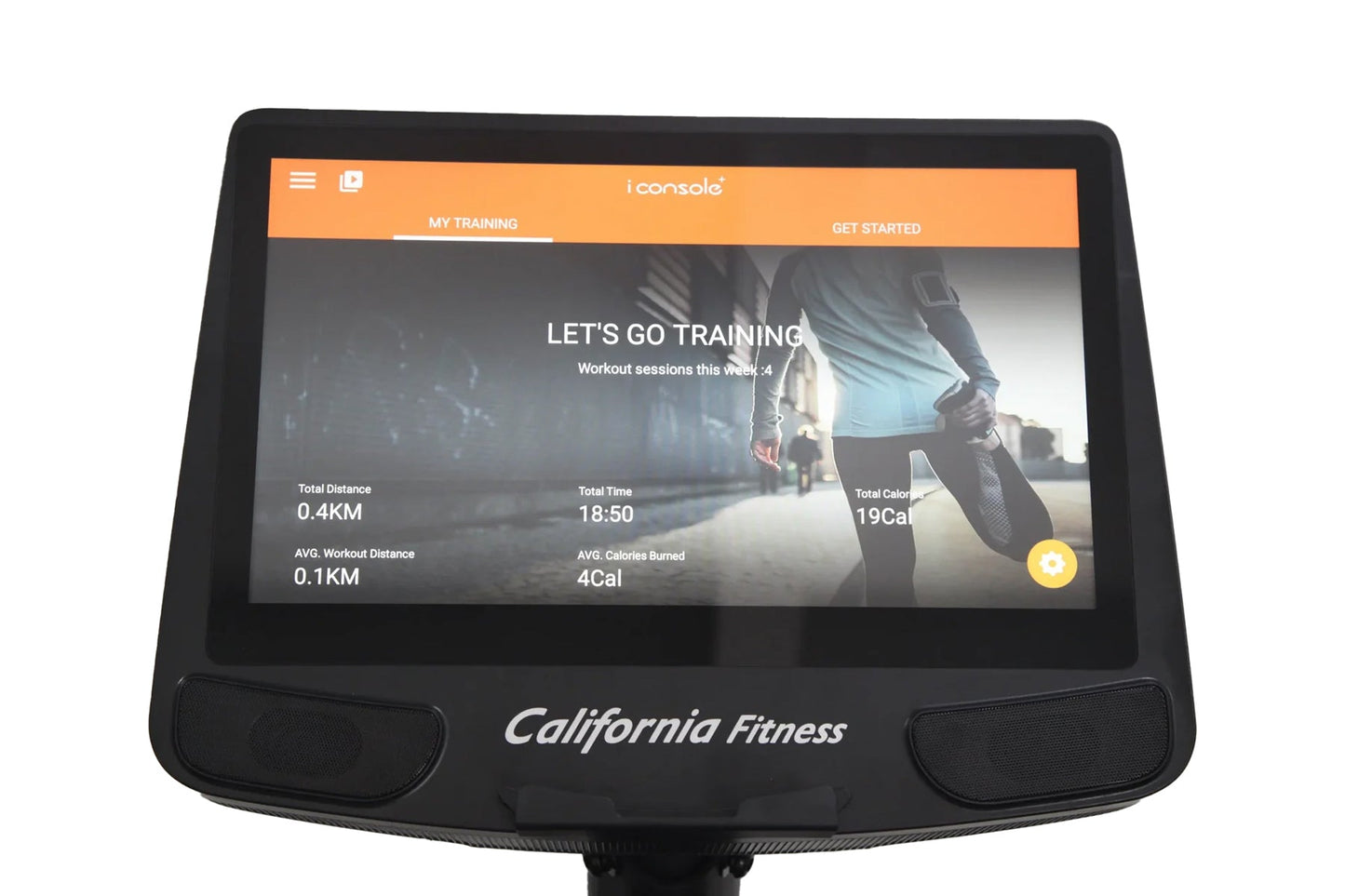 Black recumbent exercise bike with curved console displaying iConsole training app showing workout metrics and runner on scre