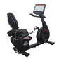 Black recumbent exercise bike with padded seat, foot pedals, and digital display console mounted on adjustable arm, on white 