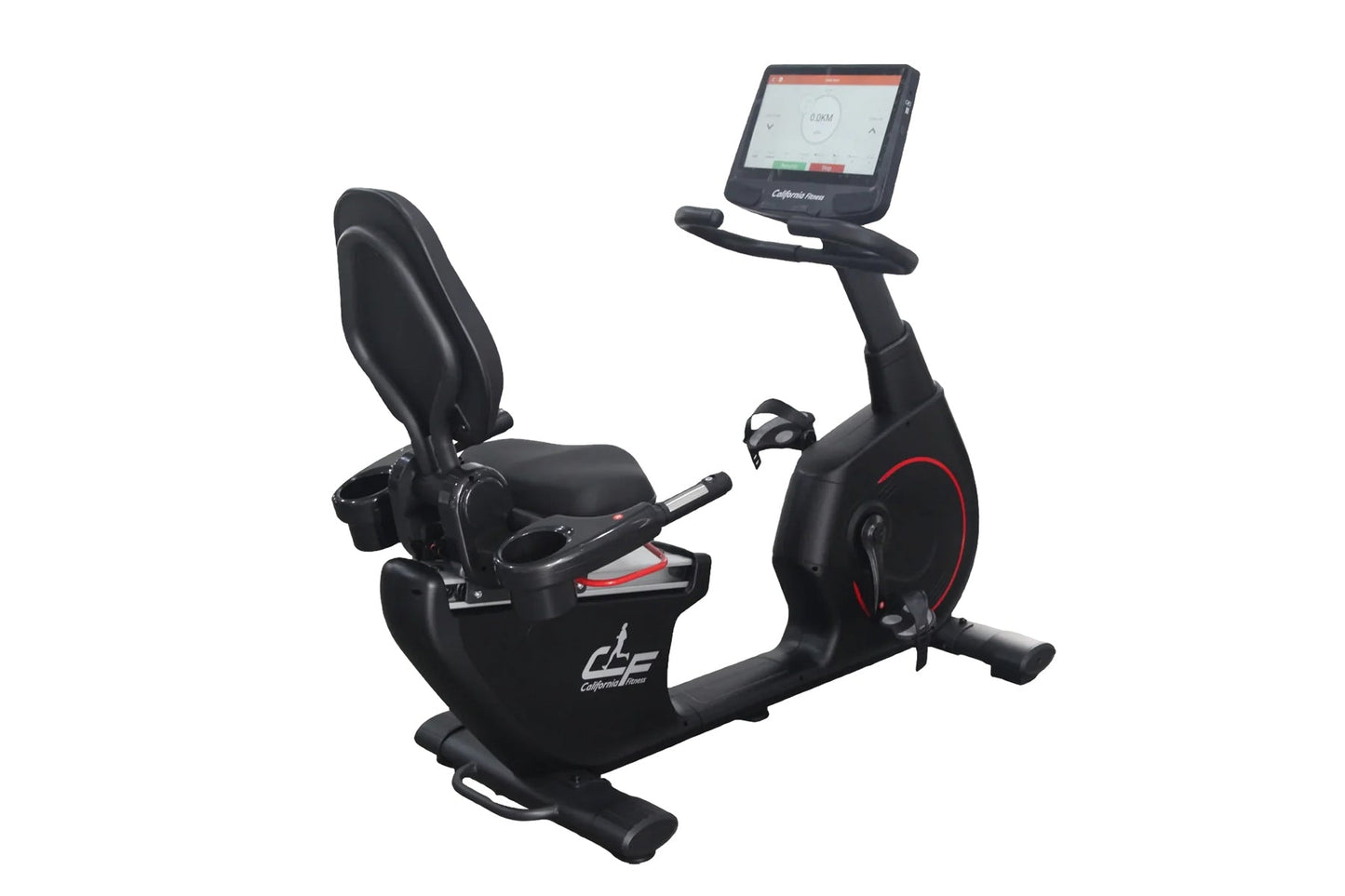 Black recumbent exercise bike with padded seat, foot pedals, and digital display console mounted on adjustable arm, on white 