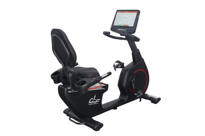 Black recumbent exercise bike with padded seat, foot pedals, and digital display console mounted on adjustable arm, on white 