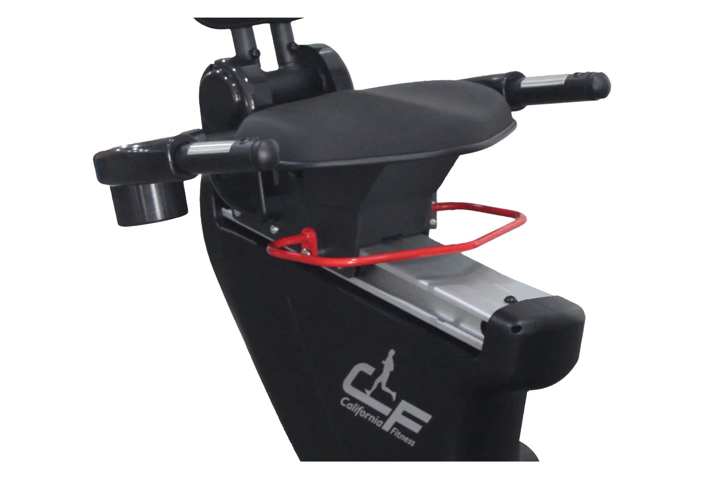 Black recumbent exercise bike with padded seat, red safety harness, handlebars, and foot pedals on white background