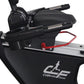 Black recumbent exercise bike with padded seat, handlebars with silver accents, red safety handle, and California Fitness bra