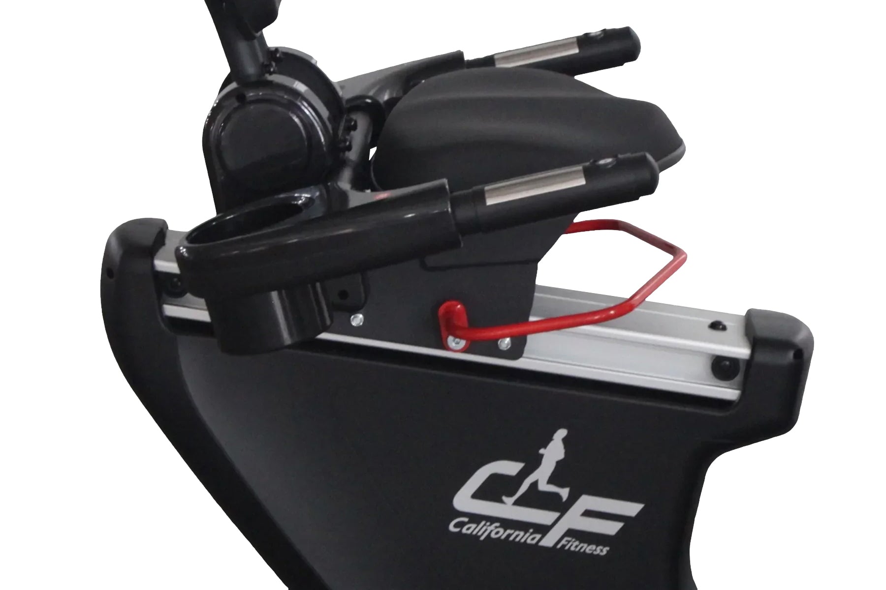 Black recumbent exercise bike with padded seat, handlebars with silver accents, red safety handle, and California Fitness bra