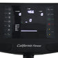 California Fitness R8 recumbent exercise bike console with digital display showing time, calories, and watt metrics, black fr
