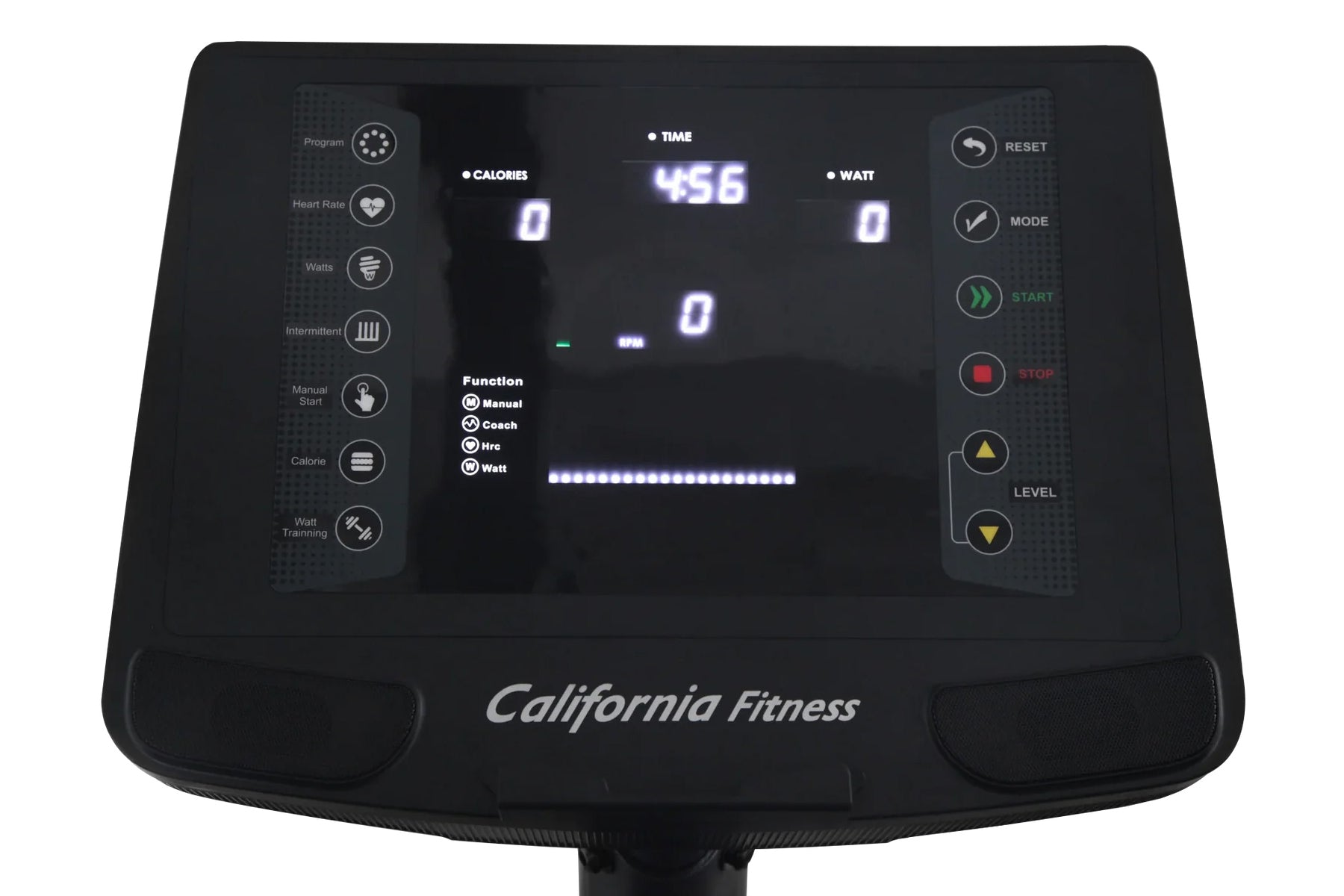 California Fitness R8 recumbent exercise bike console with digital display showing time, calories, and watt metrics, black fr
