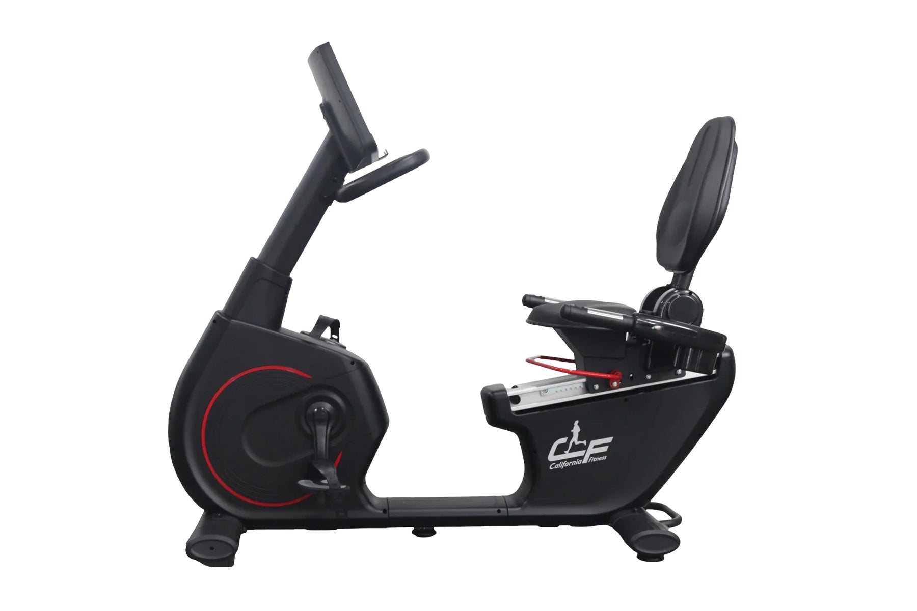 California Fitness R8 recumbent exercise bike with black frame, red accent circle, digital console, and padded seat on white 
