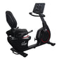 Black recumbent exercise bike with padded seat, handlebar grips, red wheel accent, and digital display console on white backg