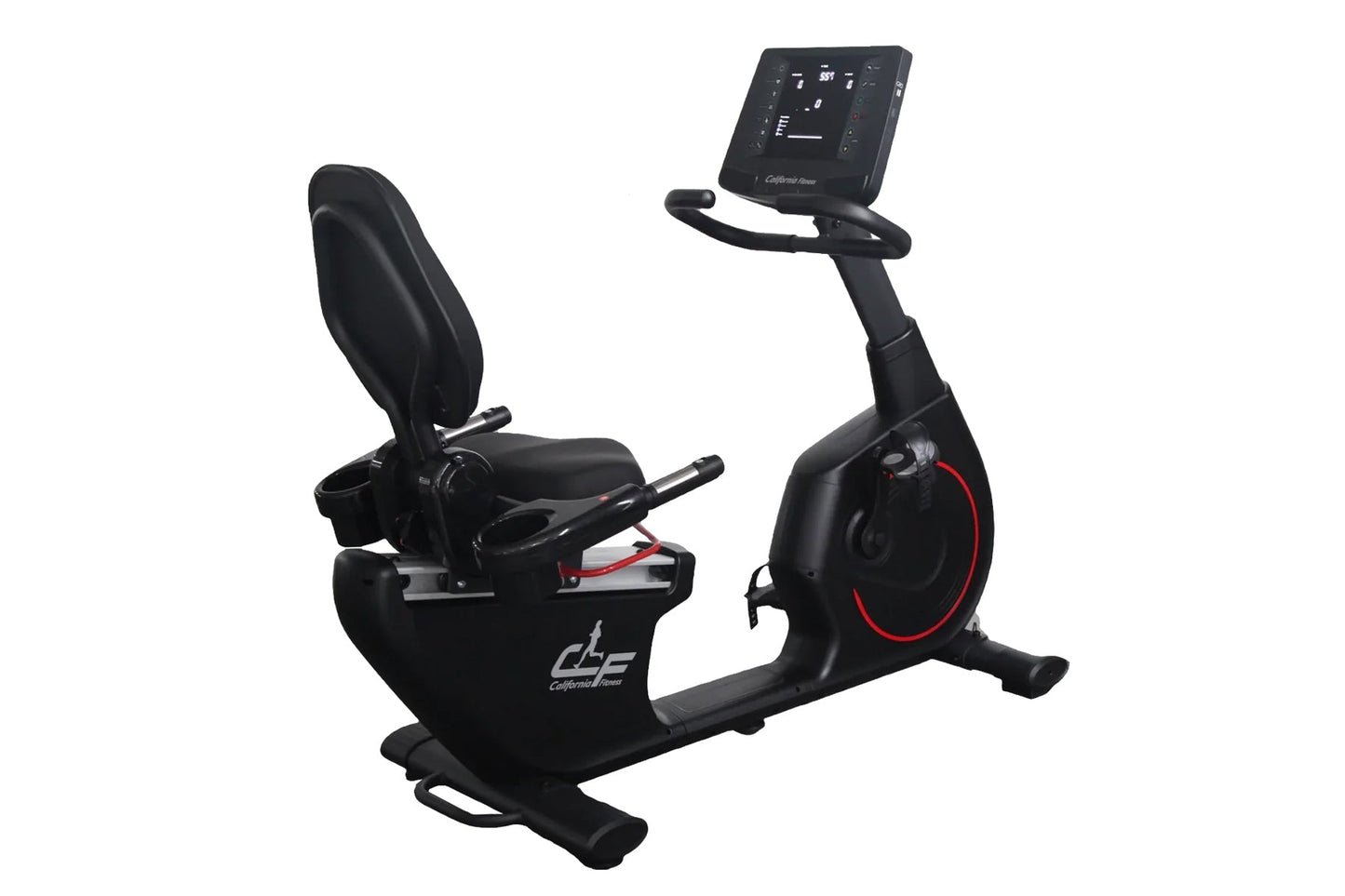 Black recumbent exercise bike with padded seat, handlebar grips, red wheel accent, and digital display console on white backg
