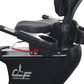 Black recumbent exercise bike with padded seat, chrome handles, red footrest pedals, and California Fitness branding on white