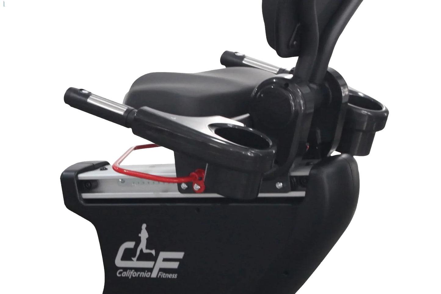 Black recumbent exercise bike with padded seat, chrome handles, red footrest pedals, and California Fitness branding on white