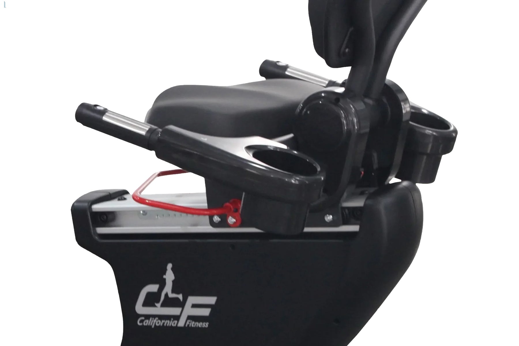 Black recumbent exercise bike with padded seat, chrome handles, red footrest pedals, and California Fitness branding on white