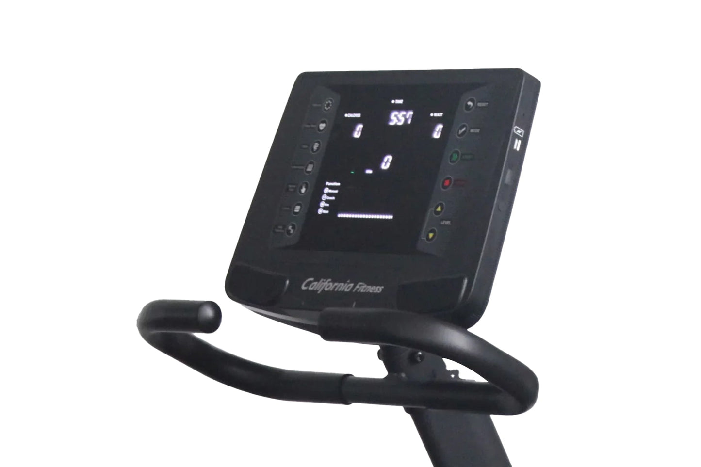 California Fitness R8 recumbent exercise bike with black frame, digital display console showing time and metrics, and curved 